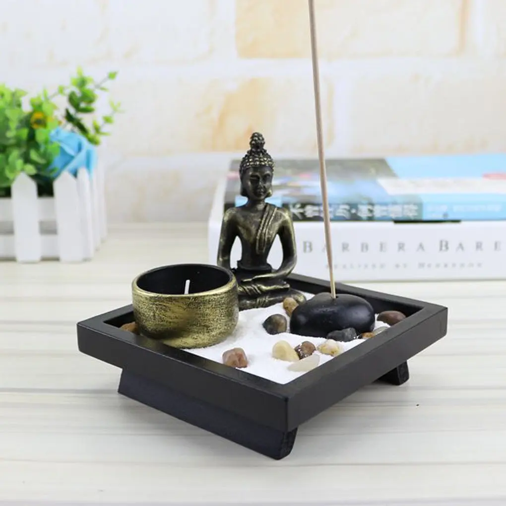 

Desk Meditation Garden Buddha Statue with Tealight Incense Holder Rocks Sand Home Decoration Relaxing Gift