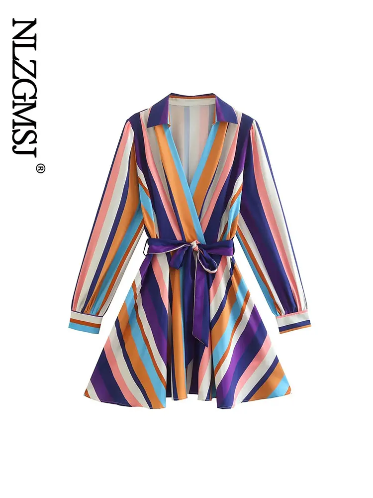 

Nlzgmsj 2022 Casual Loose Chic Fashion Trend Long Sleeve Waist With Sashes Women Dress Summer Striped Print V-Neck Lady Dress