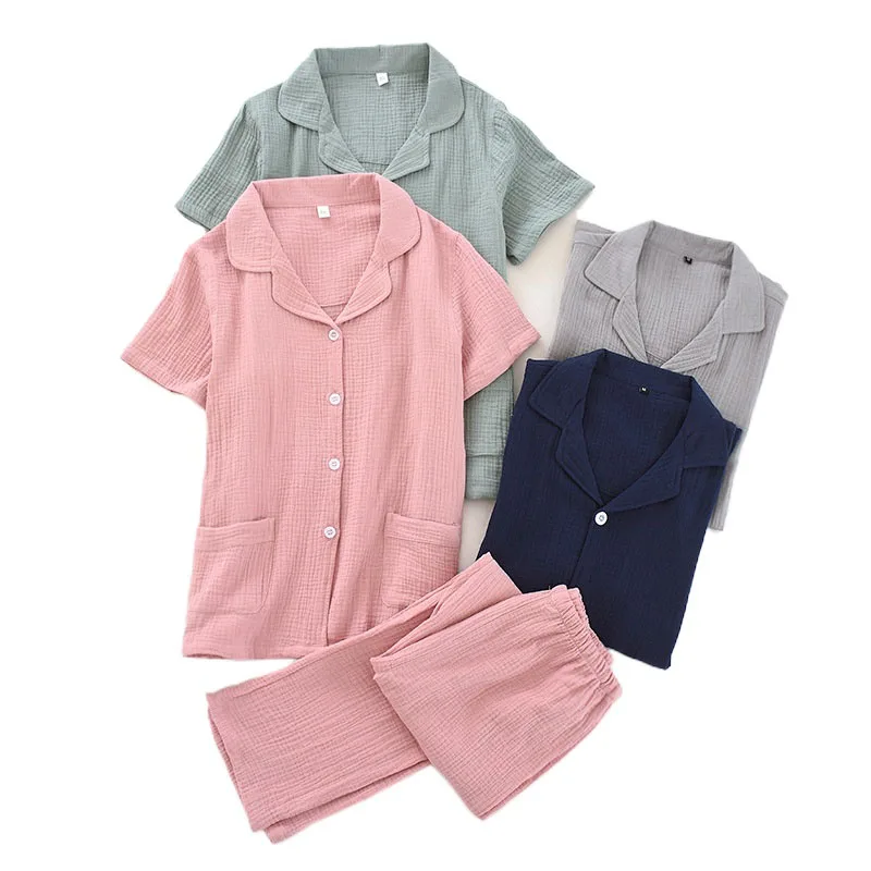 

Summer Crepe Pink Couple Short-sleeved Trousers Cotton Pajamas Men and Women Casual Thin Section Two-piece Suit Sleep Pajamas