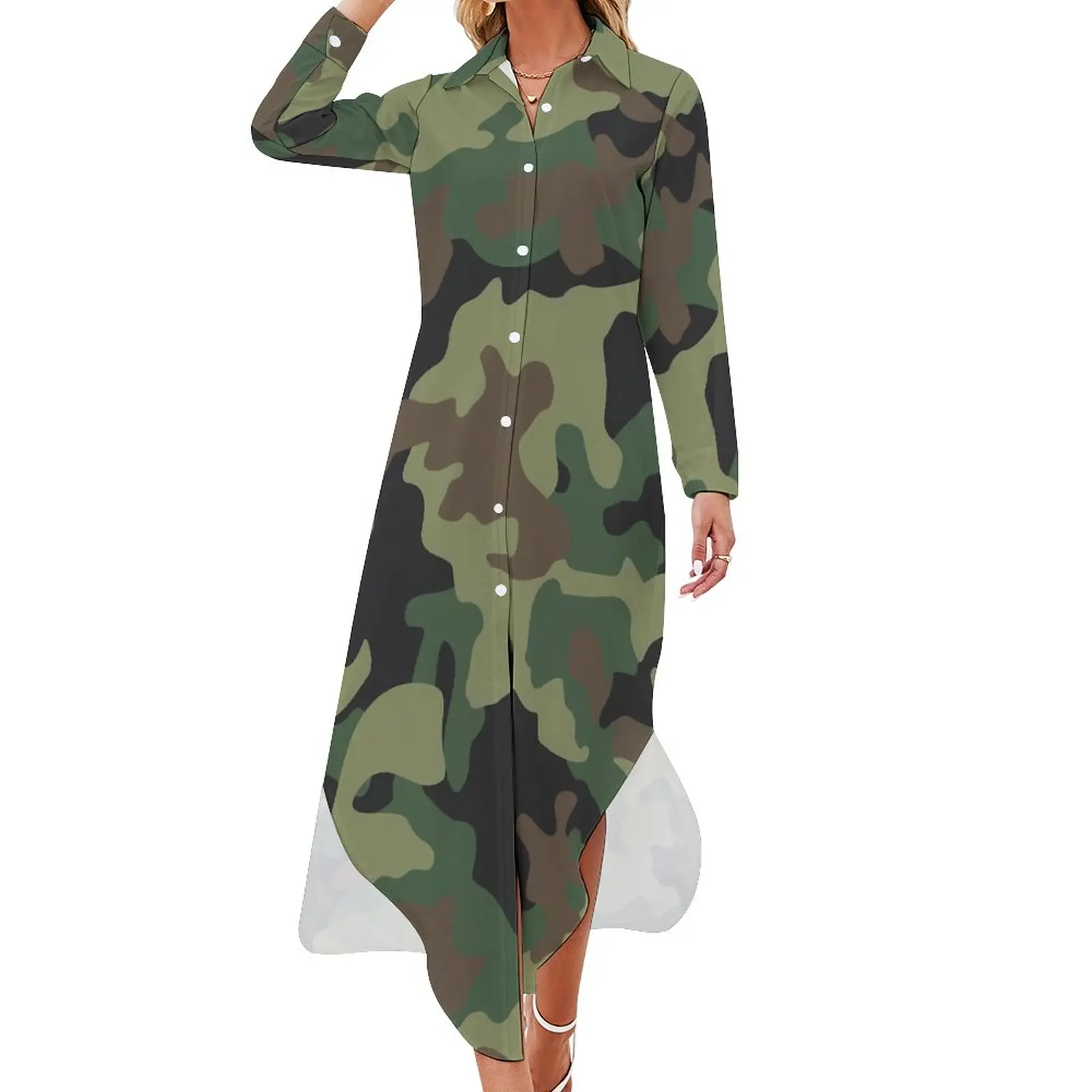 

Army Camo Casual Dress Camouflage Print Streetwear Dresses Sexy V Neck Pretty Chiffon Dress Long Sleeve Clothes 4XL 5XL 6XL