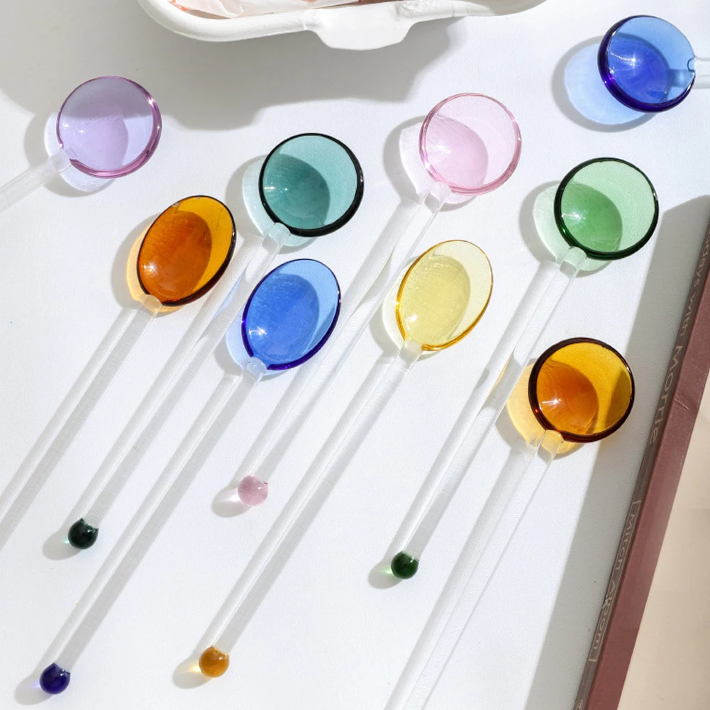 

1PC Glass Milk Spoon Colored Transparent Coffee Dessert Stirring Spoons Long Handle High Temperature Resistant Kitchen Gadgets