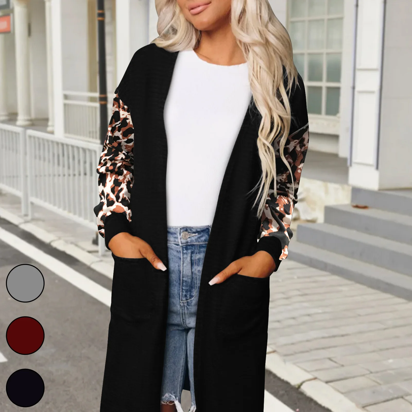 Spring and Autumn New Women's Top Splice Casual Loose Long Sleeve Cardigan Coat Fashion Female and Lady Long Coats Top