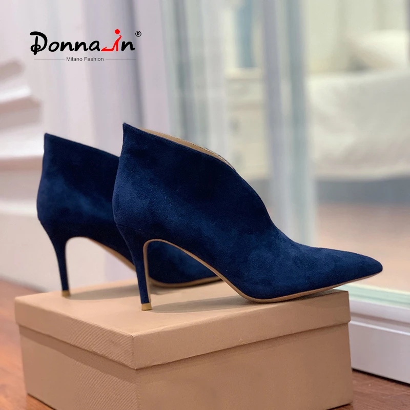 

Donna-in/модные короткие ботинки; Женские туфли-лодочки на высоком каблуке-шпильке; Ботильоны на каблуке 10,5 см; Роскошная дизайнерская обувь из кожи и замши с острым носком