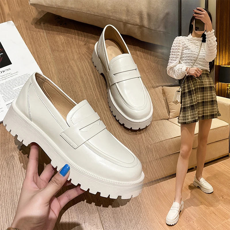 GOGD Brand Women Genuine Leather Loafers Shoes 2022 Autumn Fashion Platform Slip-On Pumps White Big Size 42 Office Lady Flats