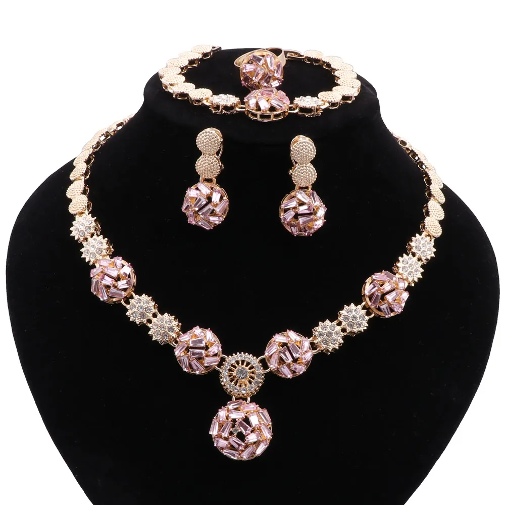 

Women African Beads Jewelry Sets Crystal Statement Necklace Earring Ring Bangle Wedding Party Jewelries Set