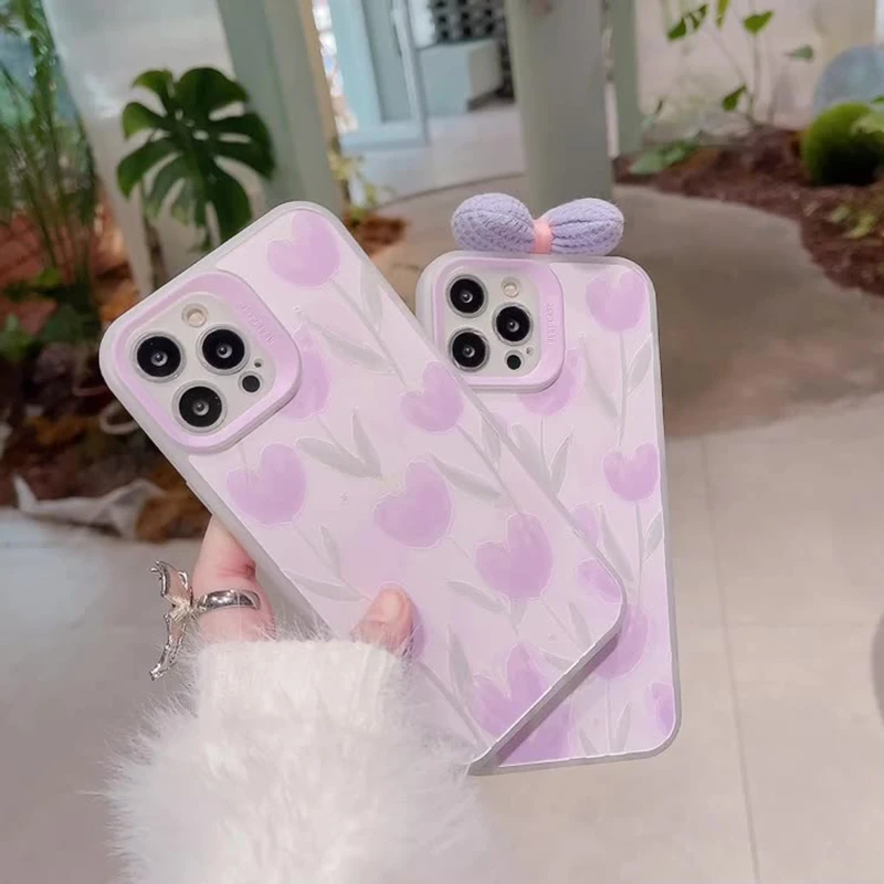 Purple Flower Stereo Bow Girl'S Silicone Soft Phone Case For Iphone 13 12 14 11 Pro Max X Xr Xs Max 13Pro Lens Full Wrap Cover