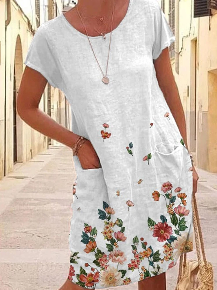 

Мини-платье женское с коротким рукавом и круглым вырезом, повседневное свободное модное офисное простое платье с принтом в ретро стиле, пул...