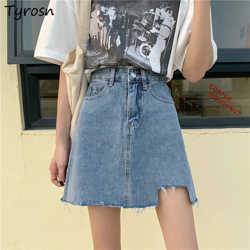 

Hole Skirts Women Design Ripped Sexy Solid Blue Empire Zipper Ulzzang Fresh A-line All-match Denim Mini Skirt Mujer Aesthetic