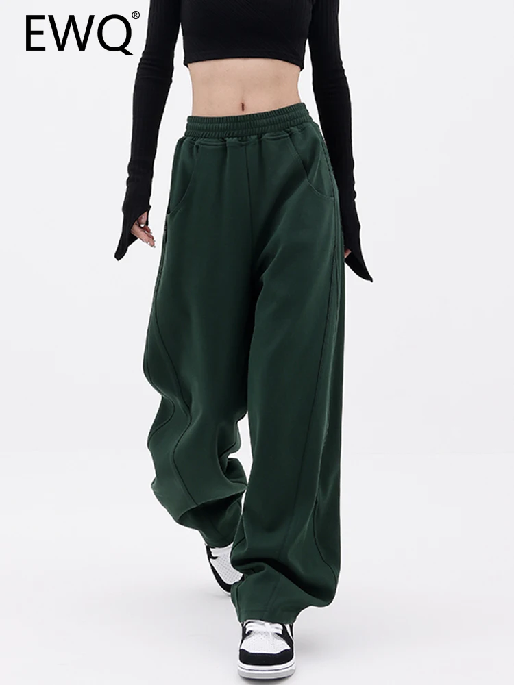 

Женские широкие брюки с эластичной высокой талией EWQ, зеленые прямые повседневные свободные женские брюки в уличном стиле, новинка весны 2023,...
