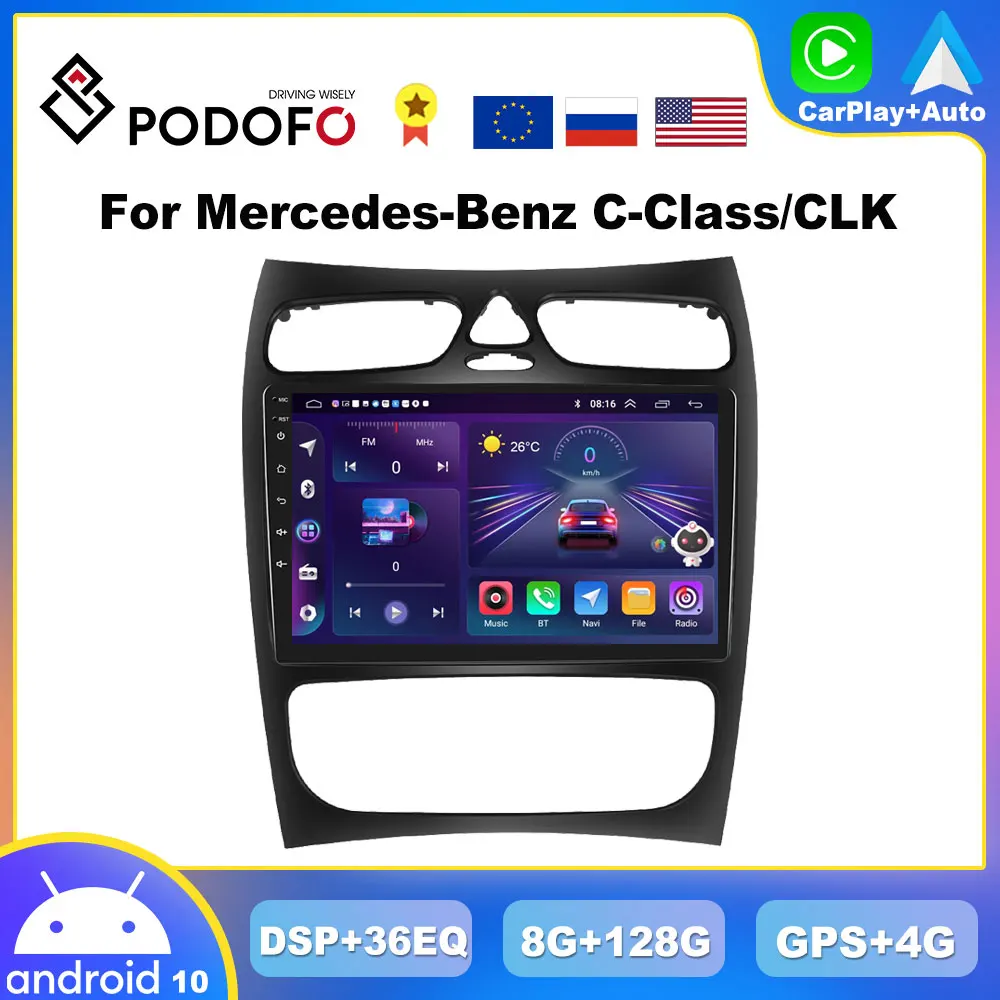 

Автомобильный мультимедийный плеер Podofo, 8 ГБ + 128 ГБ Android CarPlay, для Mercedes Benz C класс, CLK Class S203 W203 W209 A209 2000-2005, 4G