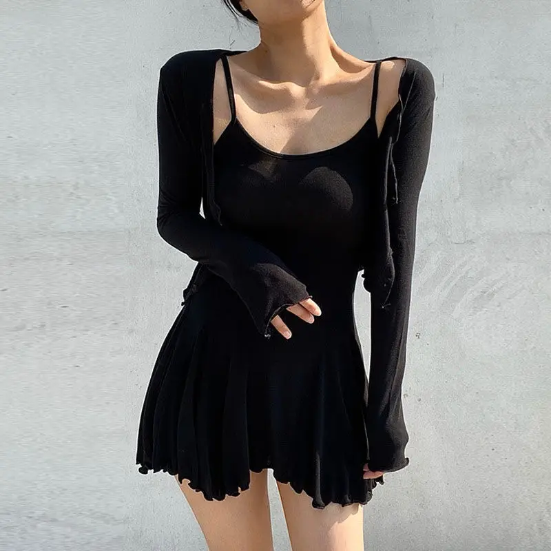 

Женское весеннее платье, удобное облегающее платье в балетном стиле с оборками + вязаный кардиган, Повседневная однотонная короткая юбка из...