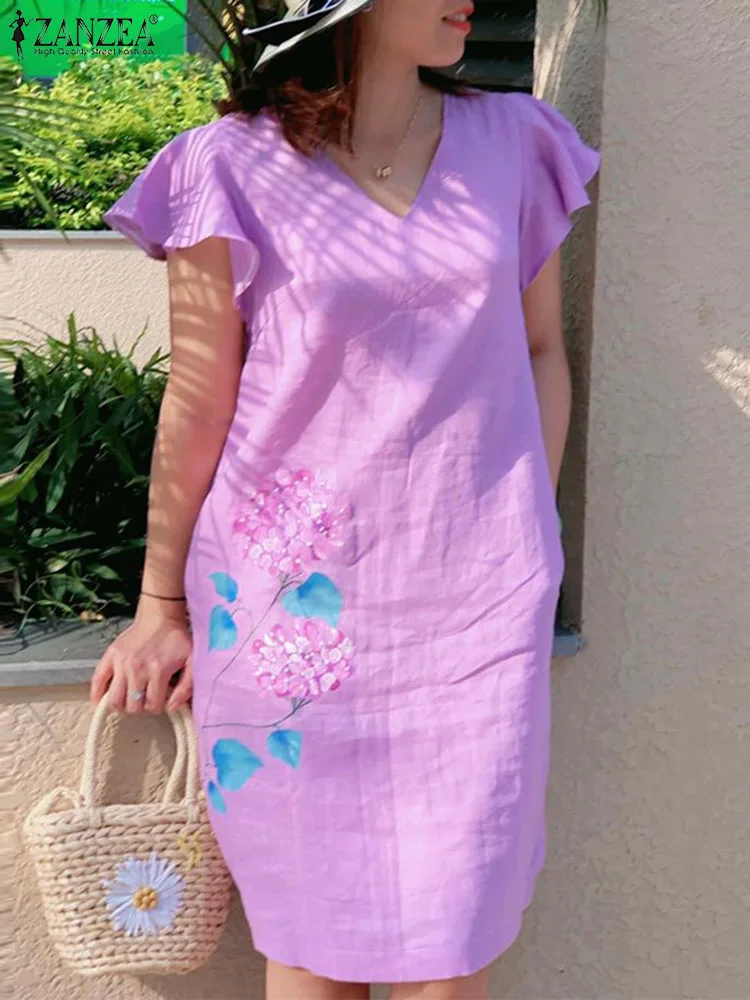 

ZANZEA Leisure Flower Printed Beach Dress Vintage Women Vestidos Holiday V Neck Knee-length Dress Ruffled Sleeve Casual Sundress