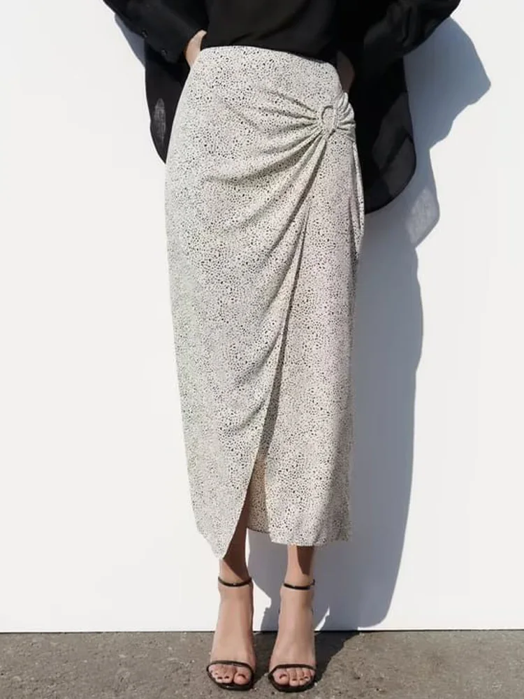 

Kumsvag 2023Women Summer Skirts Fashion Print Metal buckle Pleated Wraparound Asymmetrical Female Satin Slim Elegant Skirt Cloth