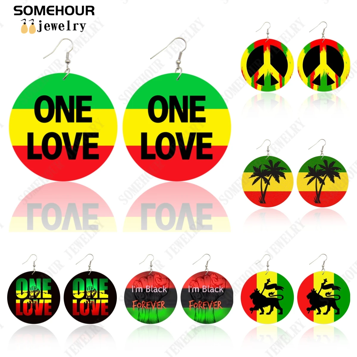 

SOMEHOUR Africa Colors Printed ONE LOVE Wooden Drop Earrings Lion King Peace Symbol Design Black Forever Loops Dangle For Women