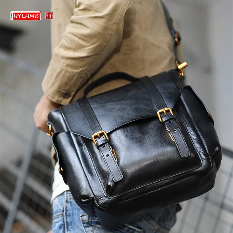 

Original Design First Layer Cowhide Men's Handbags Retro Artistic Leather One Shoulder Crossbody Bag Messenger Bag Casual