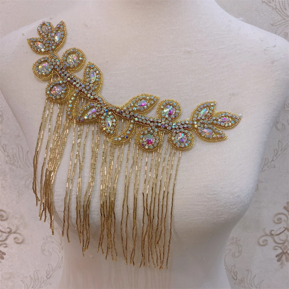 

2pcs many color Handmade Crystal Beaded Rhinestone Applique Sew/Iron on Shoulder Trim for wedding dress
