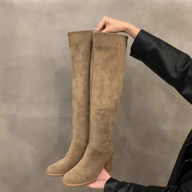 Женская модная обувь на толстом каблуке осенние новые замшевые высокие сапоги с