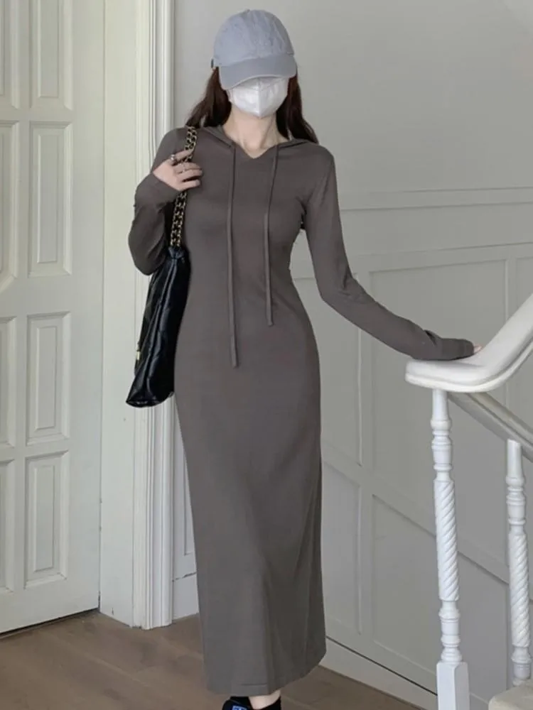 

Женское ажурное платье средней длины, повседневное однотонное облегающее платье с капюшоном и длинным рукавом, весна-осень 2023