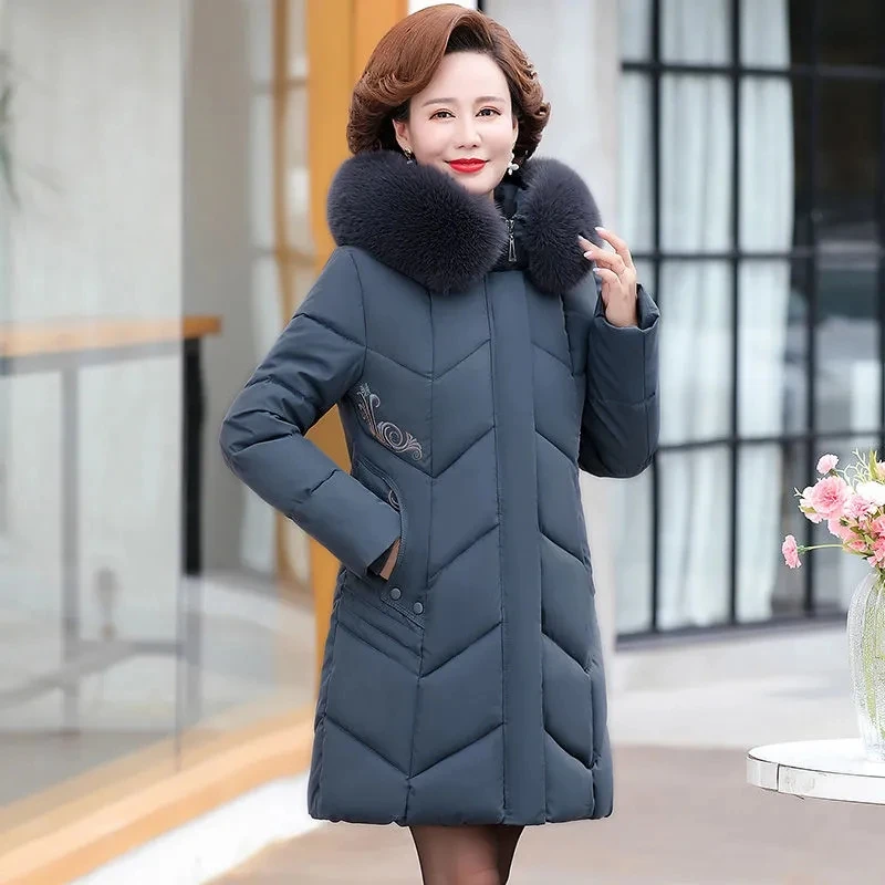 

Зимнее пальто для женщин среднего возраста, новинка 2023, женская теплая утепленная куртка с хлопковой подкладкой, женское длинное хлопковое пальто с вышивкой, зимняя куртка