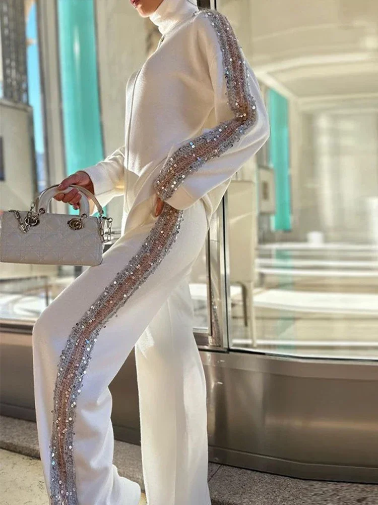 Осенний женский костюм с блестками и длинными брюками пуловер высоким