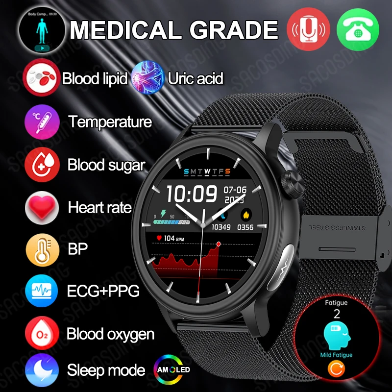 2024 Новые Смарт-часы с Bluetooth-вызовом ЭКГ + PPG HRV часы для здоровья уровнем сахара в