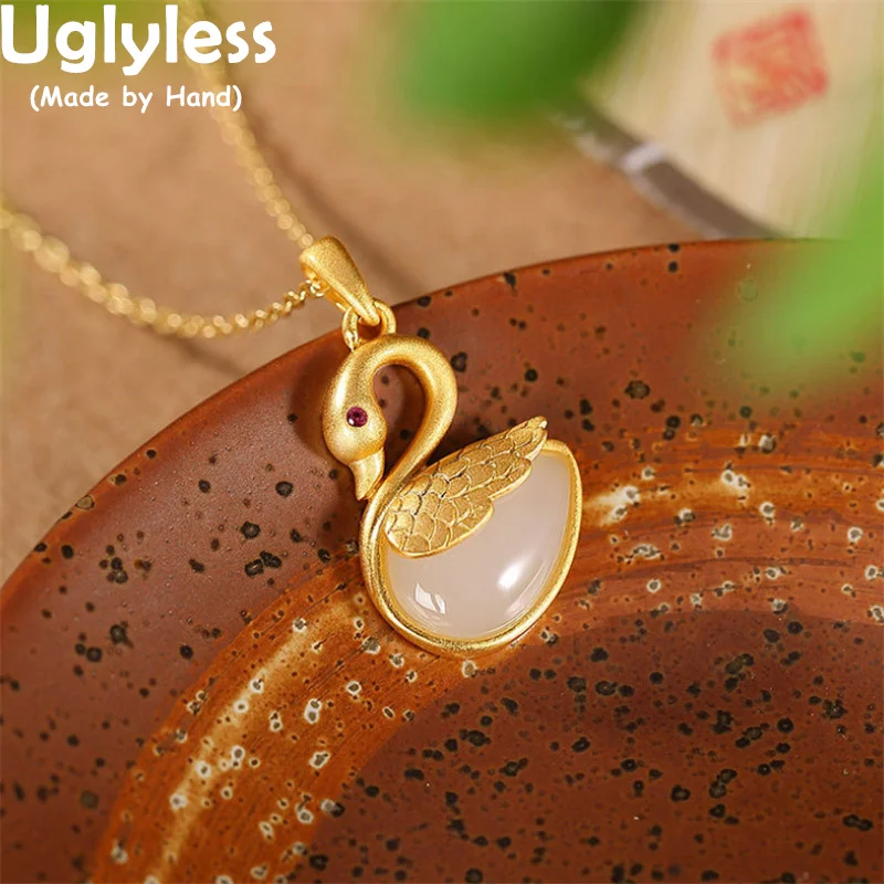 

Uglyless Elegant Princess Swan Necklaces for Women Natural Nephrite Jade Animals Swans Pendants 925 Silver Jewelry Gold NO Chain