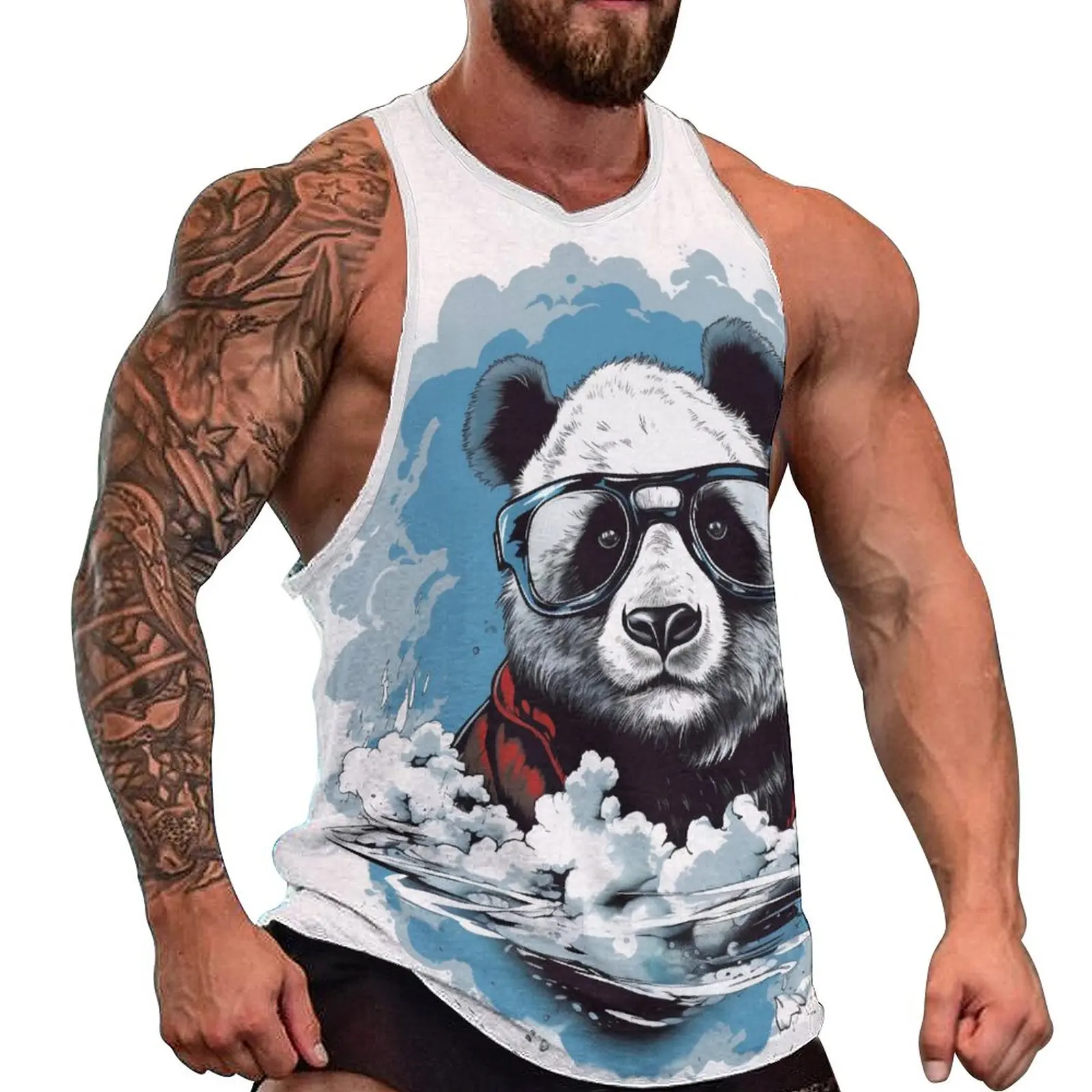 

Panda Tank Top Male Animal With Glasses Crazy Sportswear Tops Summer Workout Graphic Sleeveless Vests Plus Size
