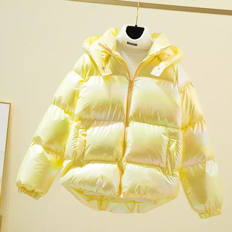 Cotton Jackets Korean Women Short Shiny Down Padded Parkas Loose Casual Warm Female Hooded Bread Cotton Coats LJ3381