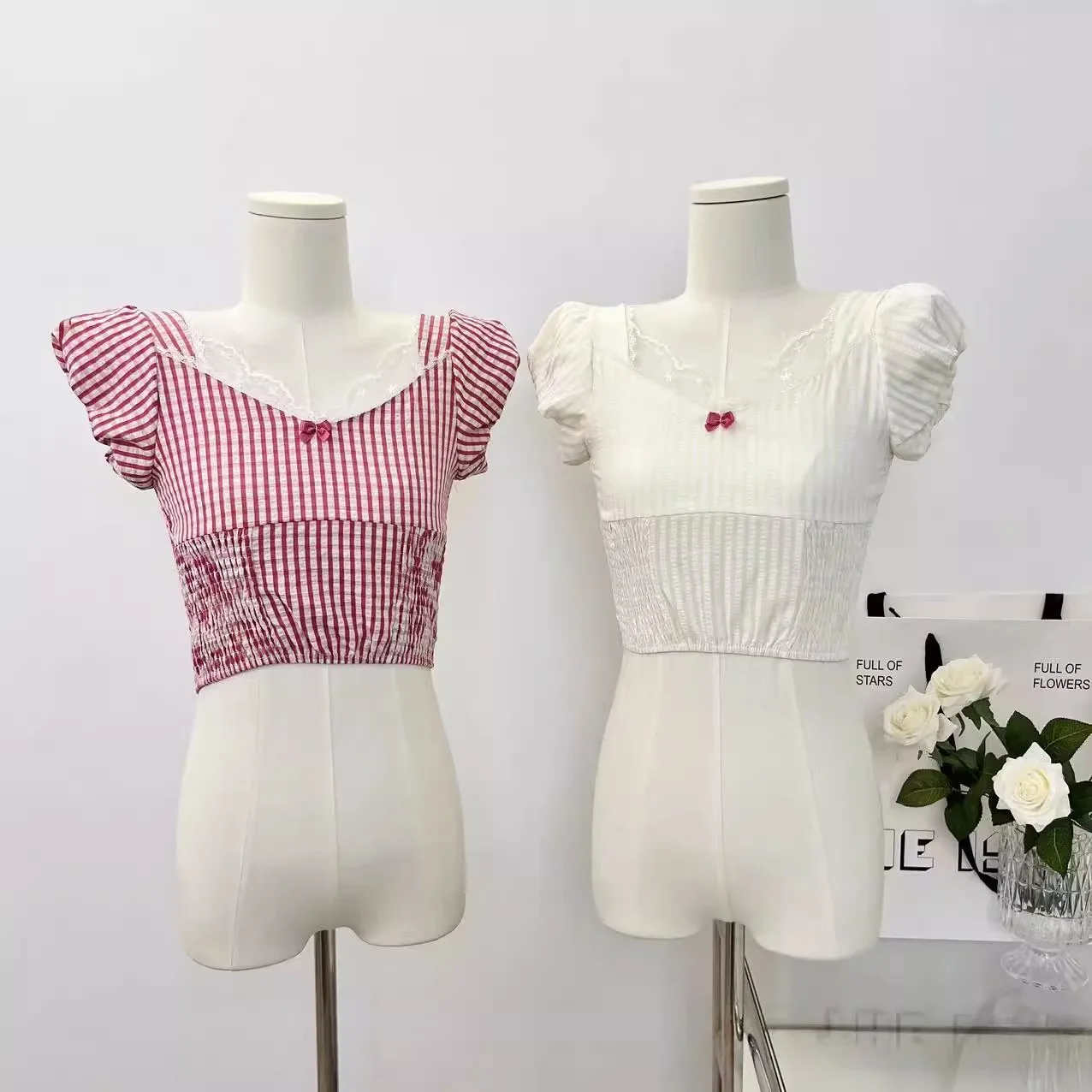 

Summer T-shirt for Wommer Vintage Plaid Crop Top Square Collar Skinny Mini Tee Fairycore Crop Top 90s Streetwear y2k