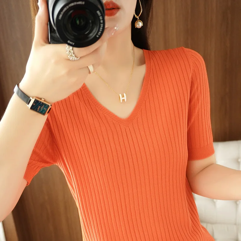 

2022 Casual short-sleeved summer new solid color 100% cotton V-neck top grey