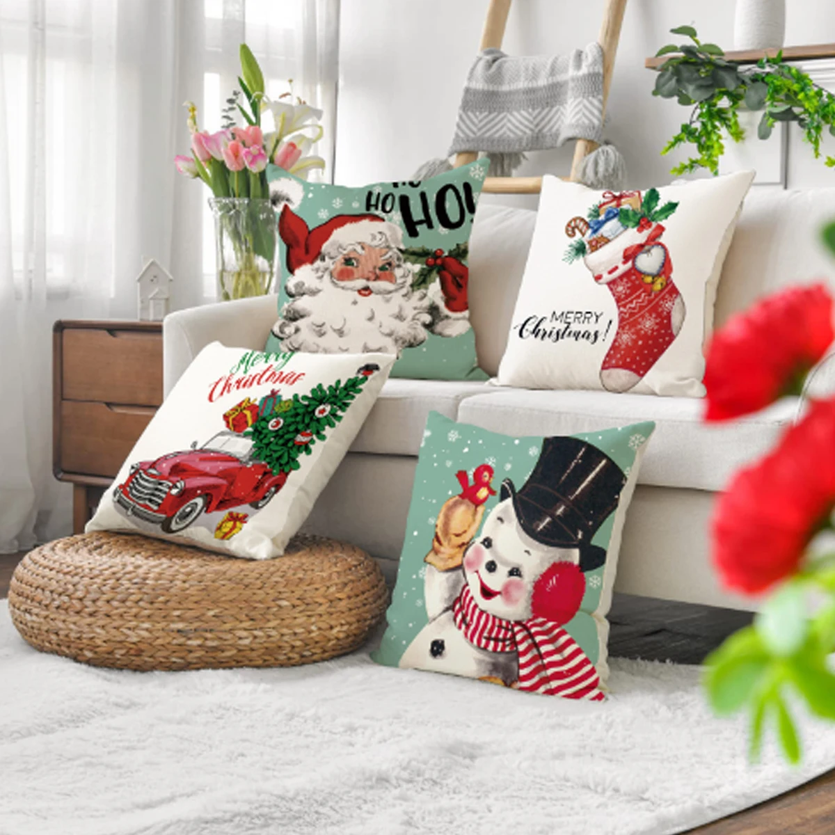 

45cm Christmas Pillowcase Cartoon Linen Pillow Cover Santa Claus Snowman Sofa Car Xmas Cushion Cover Merry Christmas Home Decor