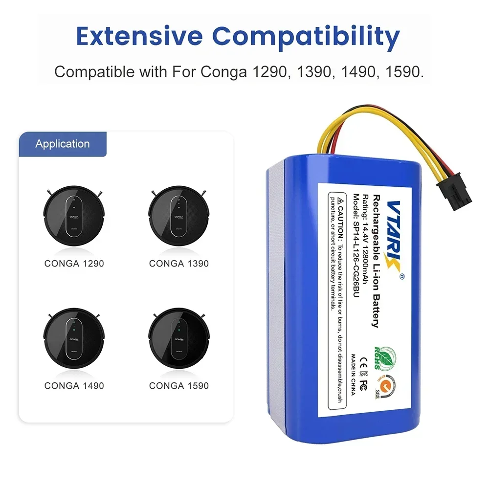 High Capacity 14.4V 12800mAh Li-lon Rechargeable Battery for Cecotec Conga 1290 1390 1490 1590 Vacuum Cleaner