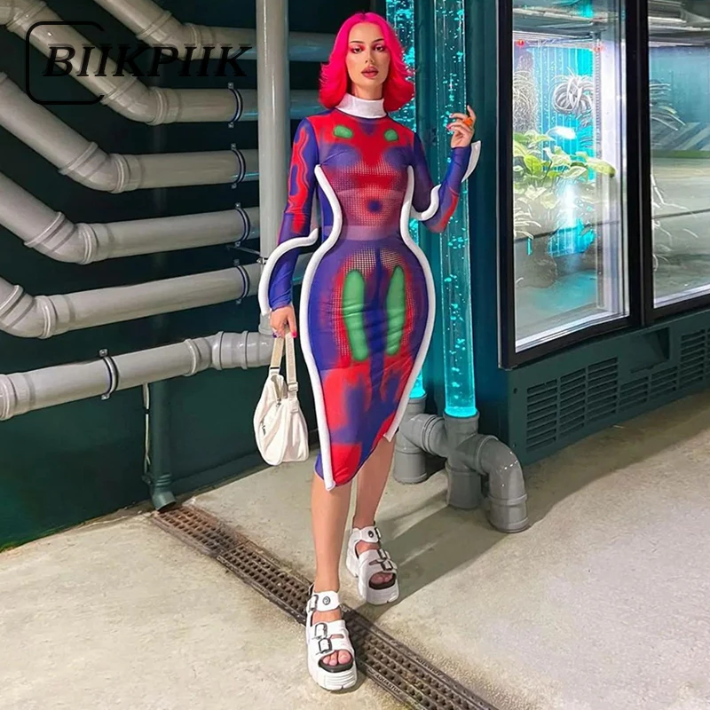 

BIIKPIIK Women Dress Cyber Y2k Print Knee-length Dresses Three-dimensional Decoration Clubewear Female Long Sleeve Skinny Outfit