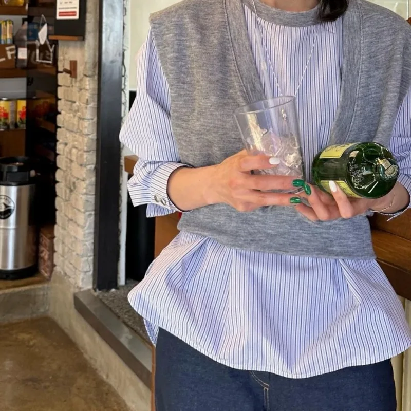 Рубашки и блузки с имитацией двух предметов милые Полосатые длинным рукавом