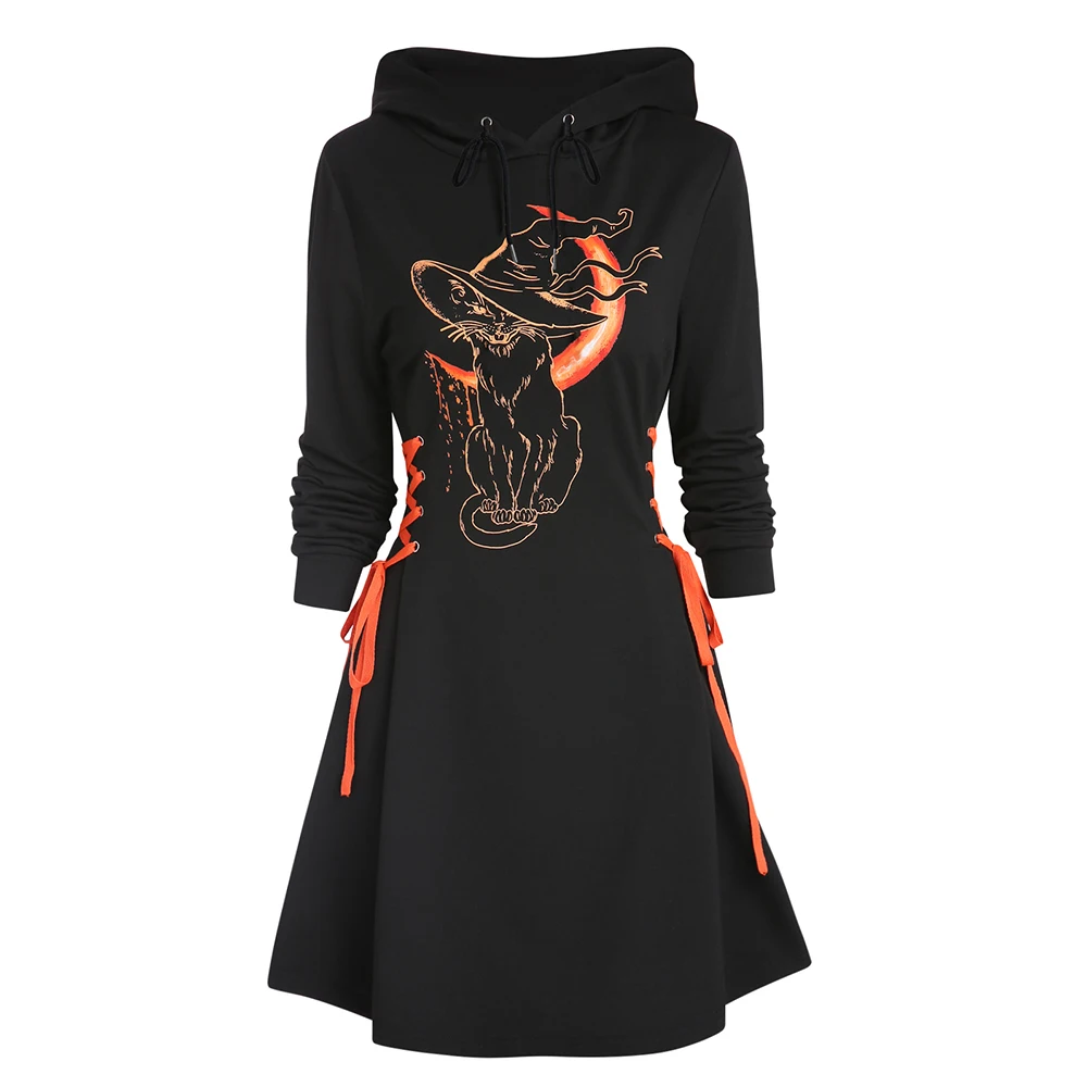 

Женское платье с длинным рукавом, Повседневное платье-трапеция с капюшоном в готическом стиле, с принтом кота и Луны, Осень-зима