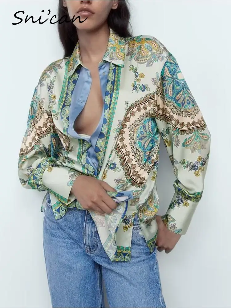 Blue Paisley Print Ladies Blouse Fashion Summer Loose Oversize Women Shirts Outwear 2022 Vintage Blusas Mujer Femme Chandails