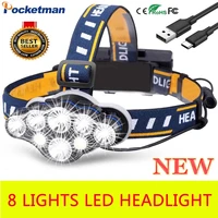most bright 8 led headlamp usb rechargeable headlight waterproof head lamp red light tail outdoor head light use 18650 battery