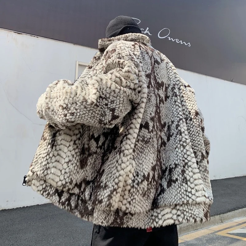 lamb wool men's winter faux fur men's snake print coat fleece and thick trendy loose padded jacket parkas coats for men winter