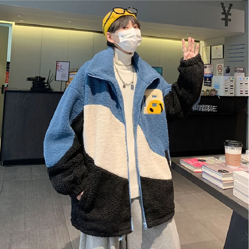 Men's Fashion Color Matching Faux Lamb Plush Cotton Jacket Ins Loose Casual Thickened Stand-up Collar  Winter Jacket Men
