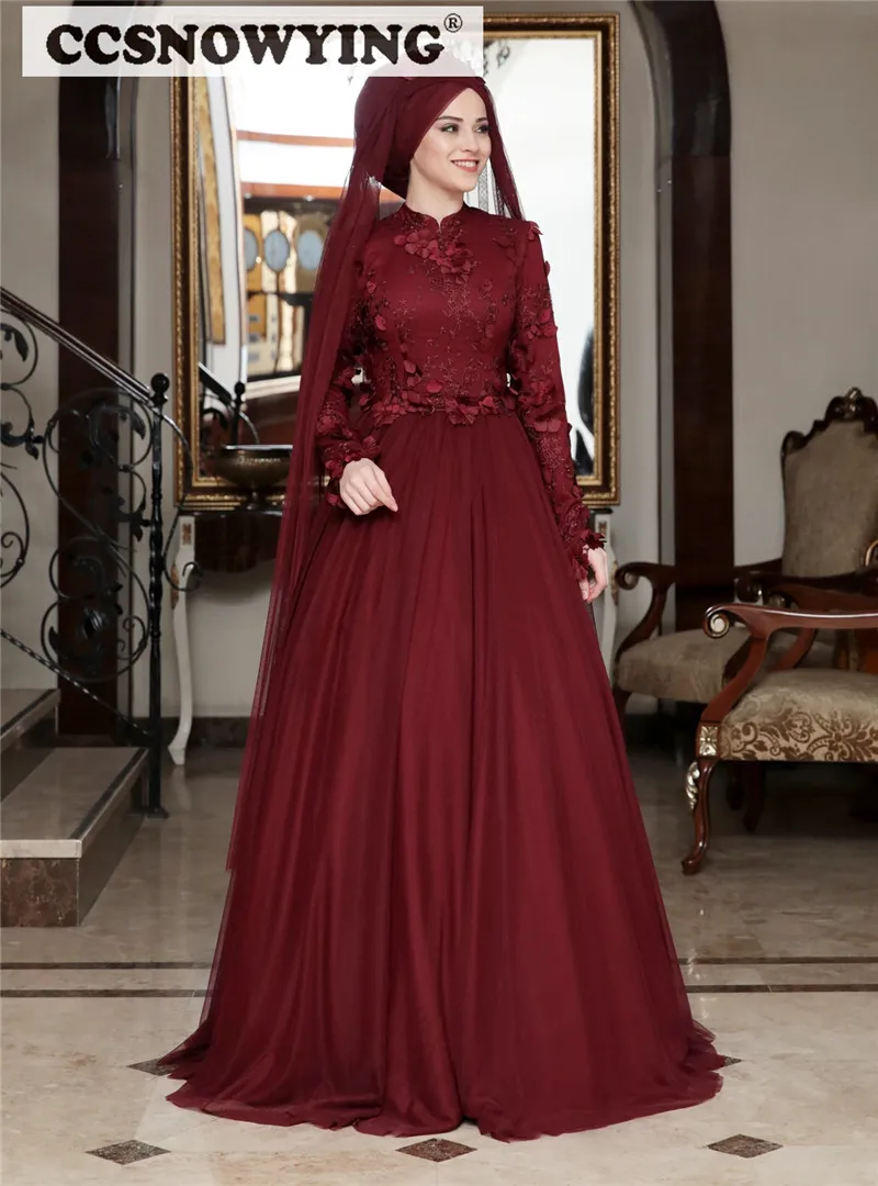 

Tulle Appliques Long Sleeve Muslim Evening Dresses Islamic Hijab Formal Party Dress Women Arabic Kaftan Robe De Soiree
