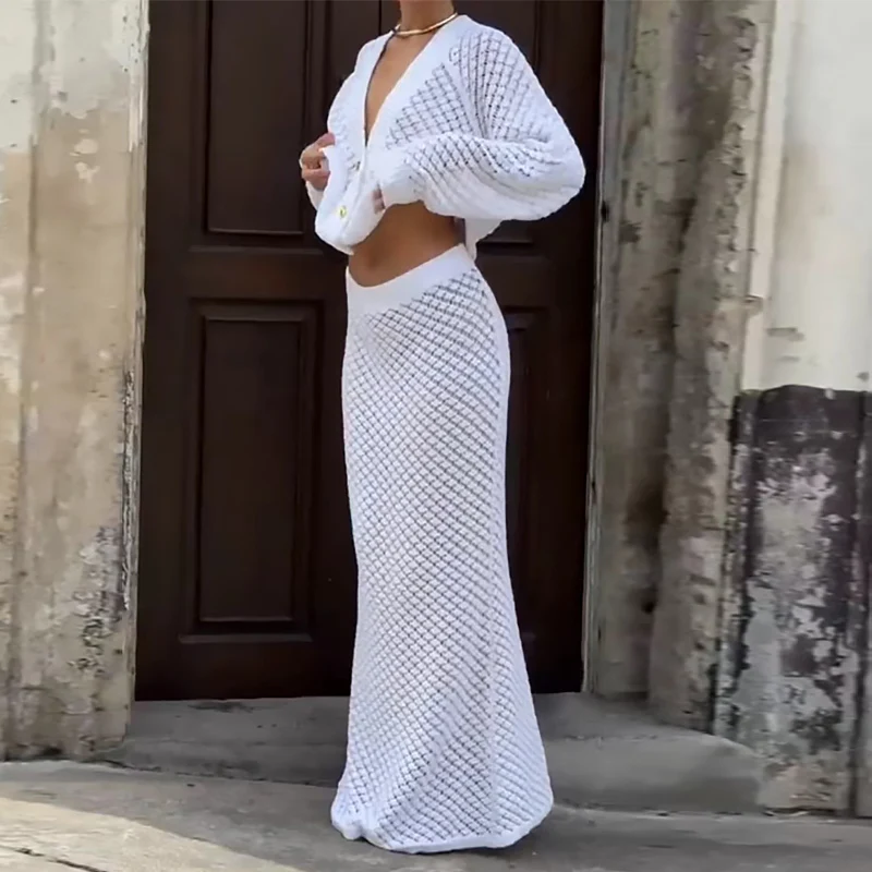 MSCSZ белая вязаная крючком юбка Женский вязаный кардиган свитер подходящий