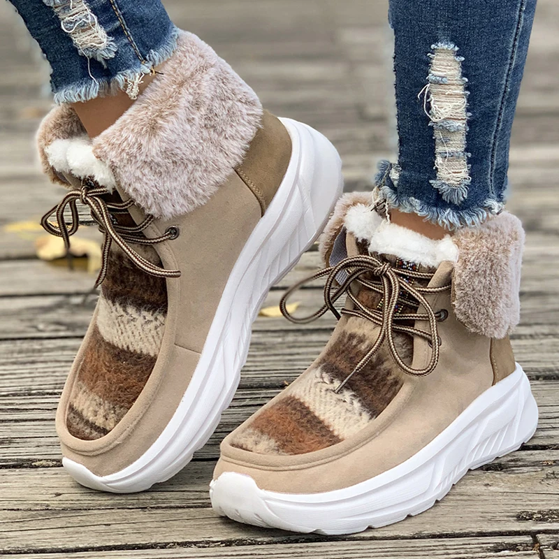 

Faux Fur Winter Ankle Boots Women 2023 Thicken Plush Platform Snow Boots Woman Plus Size 43 Lace Up Flat Cotton Padded Shoes