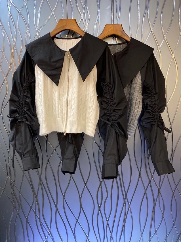 

2022 new women fashion lantern long-sleeved sexy wide-neck pleated stitching knitted wool short shirt top 923