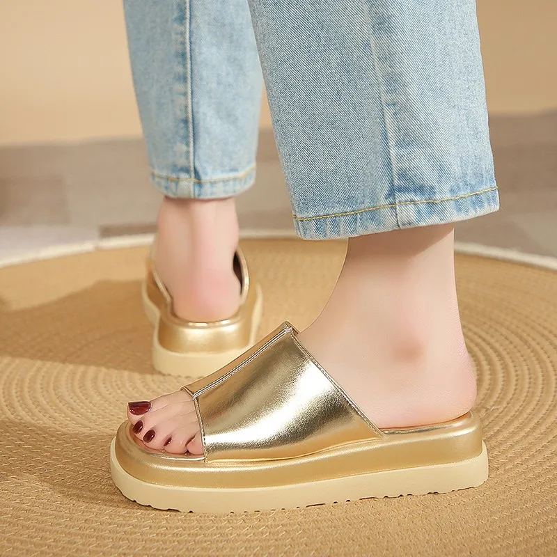 2023 Summer Platform Sandals For Women Wedge Slingback Fashion Metallic Glitter Open Toe Slipper Shoes Casual Slip On Sandals