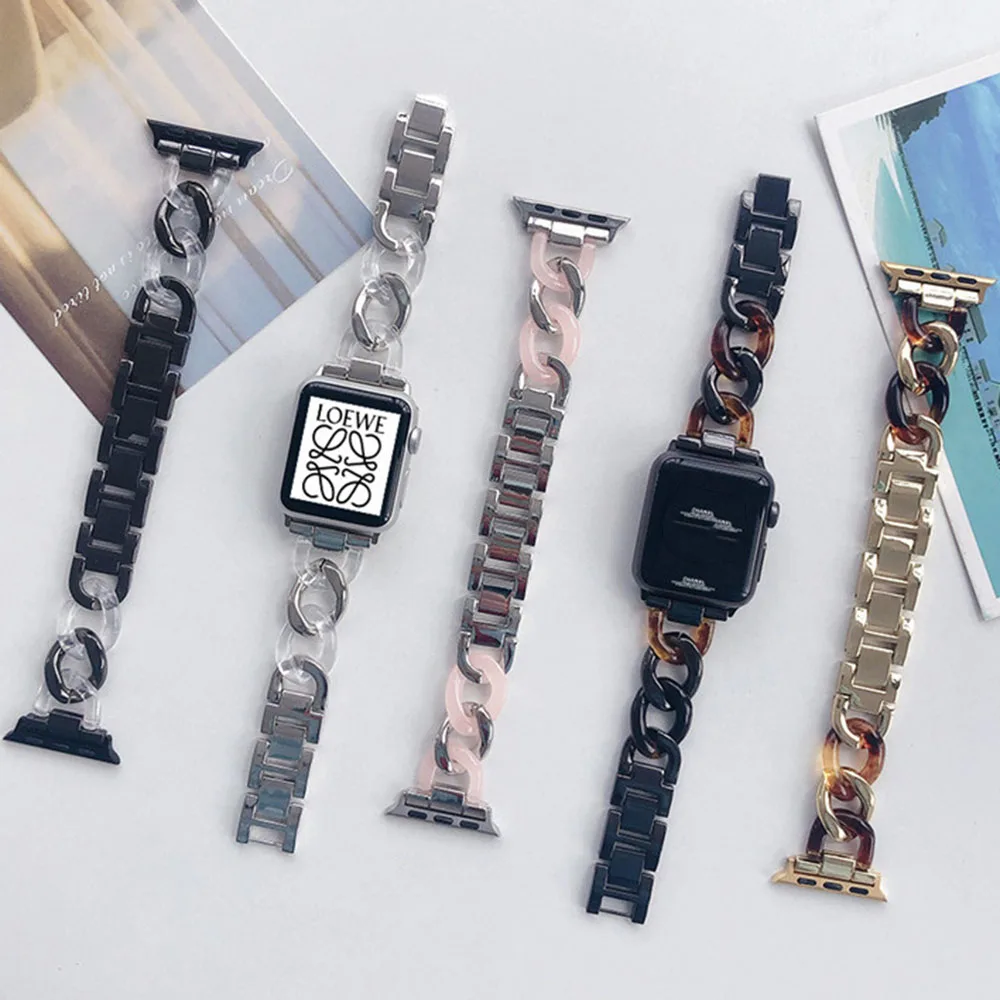 

Ремешок металлический для Apple Watch Band 40 мм 42 мм 44 мм 38 мм, браслет из искусственной смолы для мужчин и женщин, Iwatch Series 7 41/45 мм 6 5 4 SE 3 2
