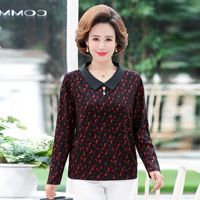 

Moon Print Women T-shirt Mother Clothing New Spring Autumn Women Turn-down Collar Long Sleeve Tee Tops oversized 4XL 5XL