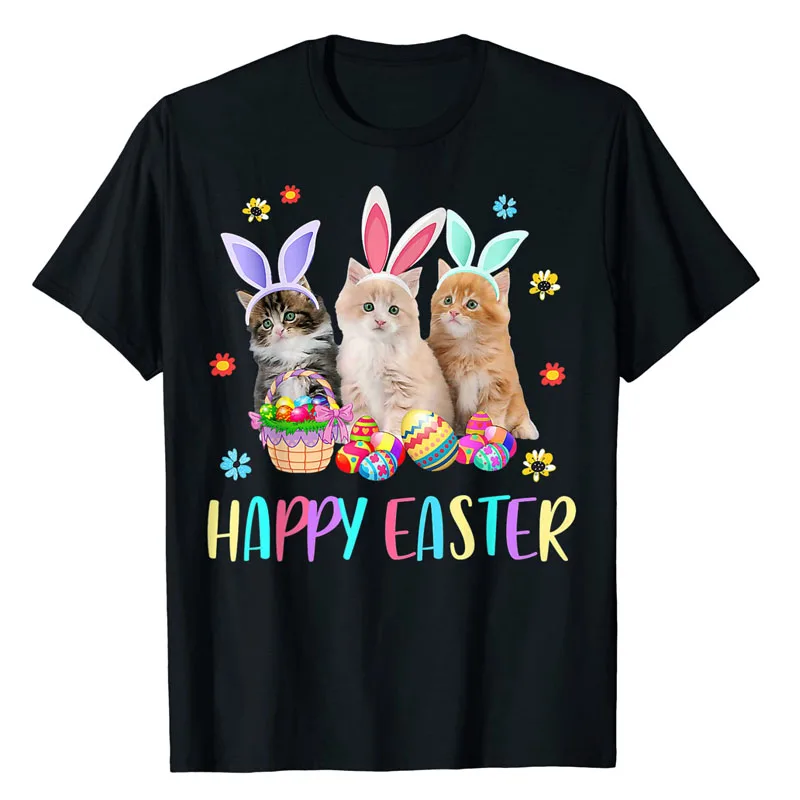 

Happy Easter Three Cat Wearing Bunny Ear Kitty Kitten Lover T-Shirt Lovely Gifts Cute Cat-Lover Graphic Tee Tops Egg Hunt Outfit