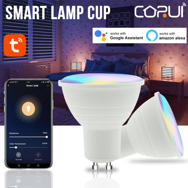 

CORUI Tuya, WiFi, Gu10, умная лампочка, прожектор, лампа RGB CW, умный дом, Alexa, Google Home, IFTTT, приглушенная 16 видов цветов лампа
