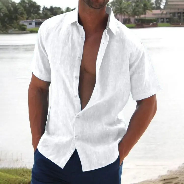 

2022 Hot Sale Linen Men's Short-Sleeved Shirts Summer Solid Color Turndown Collar Casual Beach Style