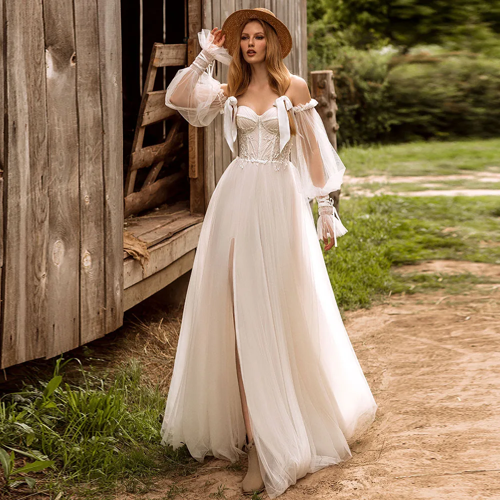 

Pastrol Off Shoulder Wedding Dresses for Marriage Puffy Sleeve Illusion Bridal Gowns Sweetheart Vestido De Novia 2023 Boda